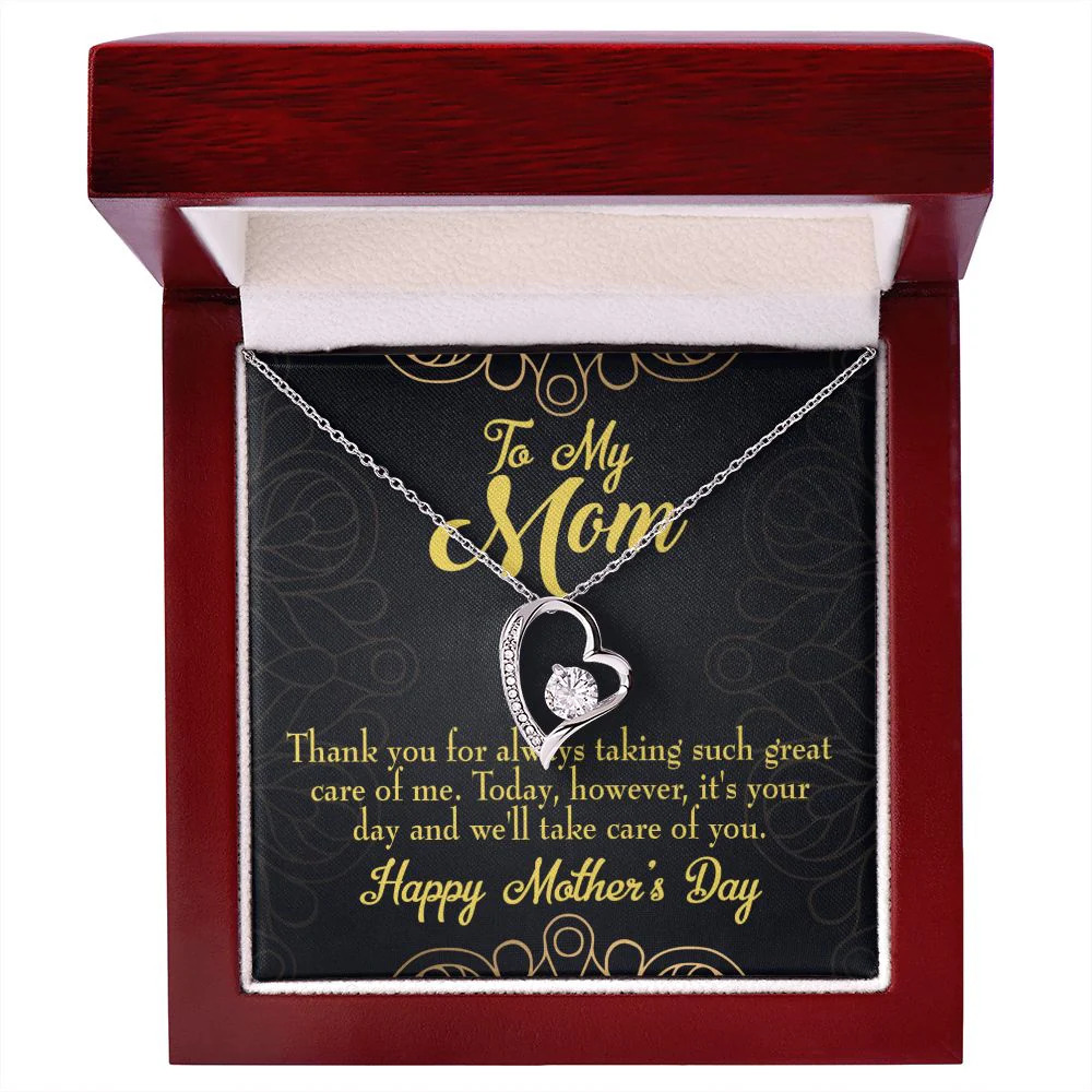 Mom It's Your Day Forever Love CZ Heart Necklace Yellow Gold Standard Box